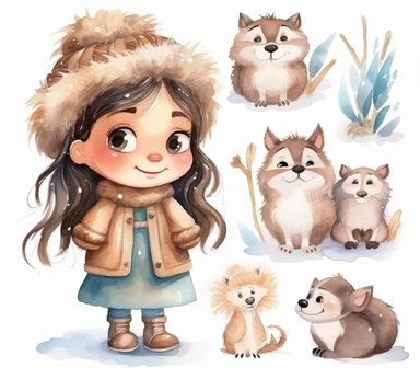 cute adorable little Eskimo princess character watercolor clipart, full body, disney, pixar