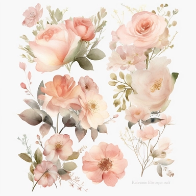 Create a breathtaking collection of ultra-detailed watercolor clipart, featuring delicate blush flowers in a variety of arrangements. The clipart should showcase the beauty of watercolor techniques, capturing the softness and organic flow of the petals and leaves. Incorporate a range of blush-toned flowers such as roses, peonies, and hydrangeas, each meticulously painted to showcase intricate details and realistic textures. Design premade floral bouquets that effortlessly combine these blush blo