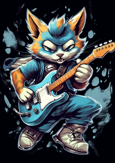 Tshirt features Design, CLIPART CONCEPT, An anthropomorphic humanoid, A Kittens Male character with the ability to control and morph from energy IN DAIM graffiti artwork and graffiti design, Playing the GUITAR, wearing a clothes FROM Casual Uniform Style, Contour Drawing with Fine Line Artwork, Macro Detailed, FOCUSED ON THE CHARACTER, Clear visuals, Highest Resolution 3D Adobe Illustrator file Eps format, In the style of photo-realistic techniques, Rendering with unreal engine 5, Sublimation In