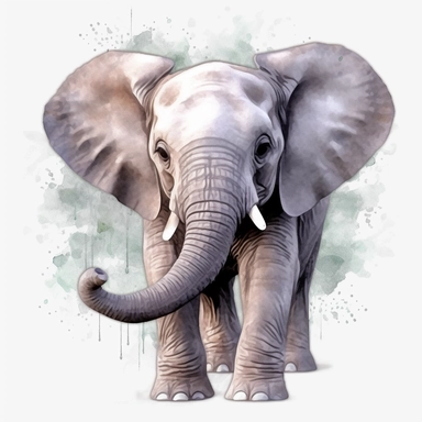 a baby grey African elephant, stood sideways to the camera looking right, shooting water from its trunk, watercolour painting transparent background png clipart