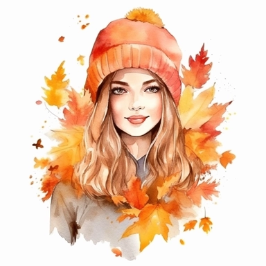 watercolor style, beautiful autumn girl clipart, isolated on white background, 4K