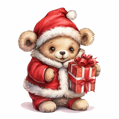 cute Baby teddy bear in red christmas Santa suit clothes, clipart, no words