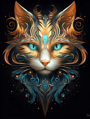 A cat portrait in a gold dress with ornate silver tattoo, in the style of black and lpurple, fractal patterns, mind - bending murals, dark cyan and orange, zbrush, depictions of animals, distinctive noses, clipart png, photorealistic, watercolor, digital painting, WHITE BACKGROUND, fantasy style, realistic, painting, 8k, ultra details,