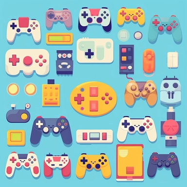 Gamepads vector clipart, vector cute collection, in the style of# screenshotsaturday, light blue soft pastel background, flat areas of color, flat color blocks, 1970–present, rough - edged 2d animation, lightbox, colorful animation stills, high quality clipart, front view