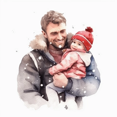 watercolour clipart, father day, father hug with his cute baby, in snow, smile, beautiful, happy, ,realistic, whit background, illustrated