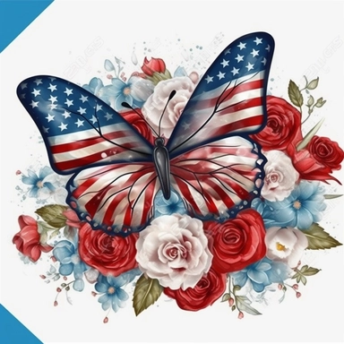 American flag with Butterfly and roses Sublimation Clipart, Cartoon funny, Cute anime, Very detailed, firework background
