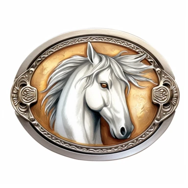 Oval western belt buckle in silver and gold with Horse Head print, watercolor, clipart, illustration, white background, digital painting, paper crafting, no signature, no text
