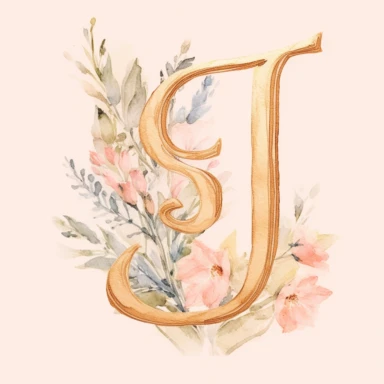Clipart, Watercolor, Delicate, fine line, Gold Alphabet letter J, with soft pink flowers, pastel colors, hand-draw, texture