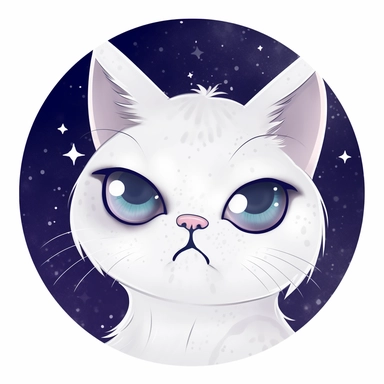 5th dimensional galaxy white sad cat, 8k, cosmos, white background, looking at me, clipart, cartoon style, round portrait surrounded by stars