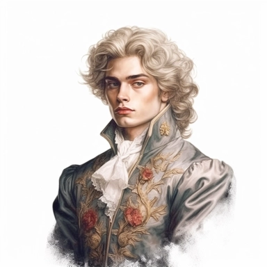 beautiful stunning handsome boy in vintage baroque fashion , paint art style, clipart, white background, superrealistic, one of a kind
