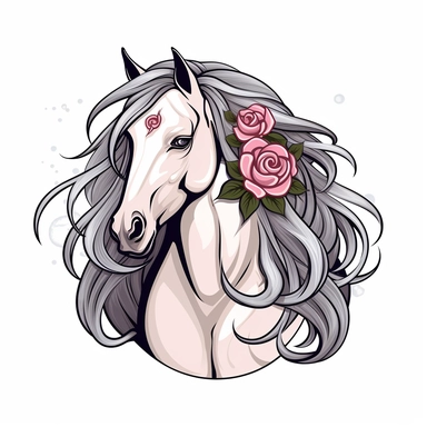 Clip Art, 2d, Flat Vector, Rose Gray ARABIAN Breed Horse With BLACK Extremely long thick Mane LOGO on White Background, NO TEXT, NO WATERMARK,