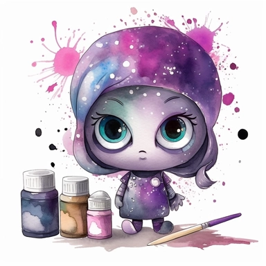 watercolor funny create kawaii marbled black ,silver, purple chibi with school supplies clipart, isolated on white background,space out--ar3:2--s1000