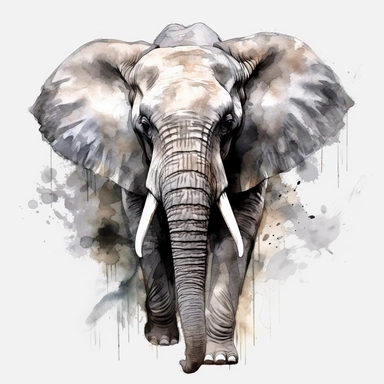 a large grey elephant facing camera, 8k ultra realistic, watercolour art, transparent background png clipart
