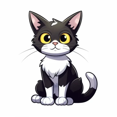 cute cartoon cat, black and white cat, black face with a little bit white by mouth, a lot of white on chest, white paws, black legs, yellow eyes, full body sitting, white background, clip art, vector graphic