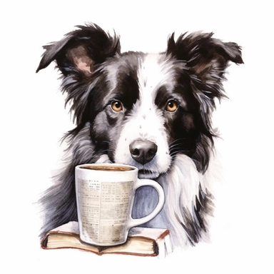 a watercolorpainting of a black and white border collie dog wearing glasses, reading a book and drinking tea a dog biscuit dipped in the tea, highly detailed, white background, clipart