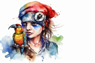 Watercolor, Design a cartoon character dressed as a pirate, with an eye patch and a parrot on the shoulder, depicting a female pirate clipart, hd, on a white background, spaced out
