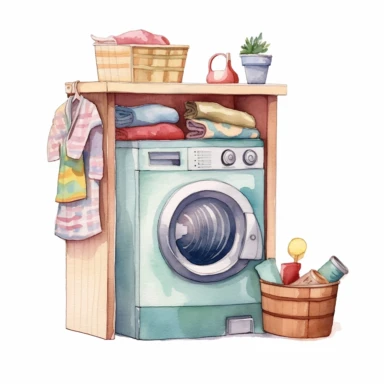 A hyper - realistic detailed watercolor illustration,Whimsical watercolour cute clip art laundry room,isolated on white background with margins, cut - out image