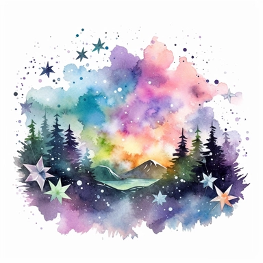 watercolor stars and northern lights over flowers illustration clipart, in the style of use of northern lights tones, intricate storytelling, dramatic color palette, rounded, ephemeral installations, elaborate borders, romanticized depictions of wilderness, clipart, blank white background
