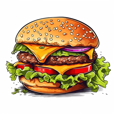 Picture a scrumptious hamburger clipart that has been hand-drawn with mouthwatering detail. This image showcases a freshly grilled patty nestled between fluffy, lightly toasted buns, with layers of crisp lettuce, juicy tomatoes, melting cheese, and a hint of tangy sauce peeking out. The warm colors are so vivid that you can almost smell the sizzling patty. Set against a clean, white background, this delectable hamburger clipart would be an appetizing addition to any project.