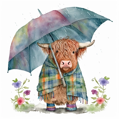Highland Cow in a rain coat holding a unbrella, Watercolor, Clipart, Farm Animal, clipart