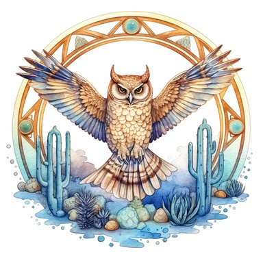 Watercolor clipart of flying owl with intricate sacred geometrical patterns, mystic cosmic atmospherical night sky background, watercolor realistic desert landscape with cactus in the golden hour, circle shaped frame, white background, very detailed , Cartoon,hyper realistic, intricate detail, illustration style,high solution,on the white background