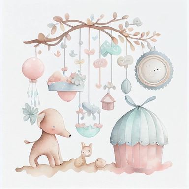 watercolor diffrent sorts of baby mobile, clipart, dusty rose, light blue, beige, realistic, cute, on flat white background