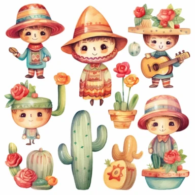 Watercolor cinco de mayo elements , illustrations clipart set, simple, soft colors, cartoon elements, different variants, mexican hat, sugar skulls, squishmallow, rose, little boy, separate elements with a margin