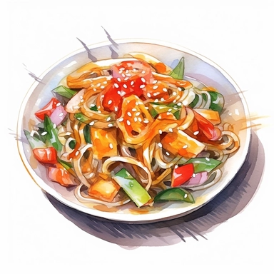Japchae (Stir-fried Glass Noodles) logo watercolor,simple Watercolor, hyper realistic, white background, white margins, 16k, ultra detailed clipart, cut out image, hand - drawn, whimsical manhwa style, ultra HD, sharp and clean art
