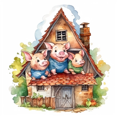 a delightful watercolor clipart image with a white background and white margins, portraying the Three Little Pigs inside their brick house, celebrating their victory over the wolf. The ultra-detailed, hand-drawn elements capture the joyful expressions of the pigs and the cozy interior of their secure house. Use warm shades of various colors to create a visually appealing and heartwarming image that conveys the themes of perseverance and teamwork in the fairytale.