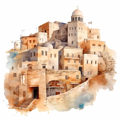 watercolor mardin town in turkiye, illustrations clipart set, simple, , cartoon elements ,different variants , historic stone houses,historic buildings, cobblestone lanes, tone facades of the buildings, Mardin's stone Alleyways separate elements with a margin
