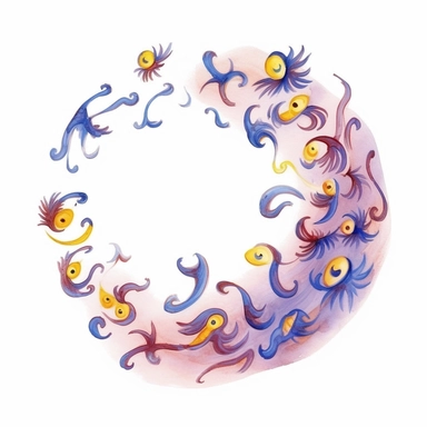 a lot of little yellow suns and blue clouds flying in a spiral. Pixar childrens book cartoon style, detailed, modern, urban, watercolor, full color, flat color, white background, children book illustration. Watercolor clipart. Pixar animation