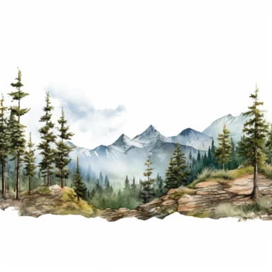 Watercolor wide mountain scene with trees, beautiful details, ultra detailed, ultra photo real intricate detailed, high definition, graphic clipart, hyper realistic, detailed, white background