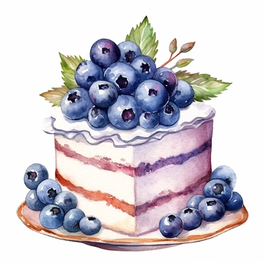one cake blueberry watercolor clipart on a white background, paper crafting, clipart, in the style of pictorial fabrics, celebration of rural life, allover composition, repeating pattern, kitchen still life, opulent fabrics, goosepunk, no watermark, text, 300 DPI , typography, shapes do not stick together, no text in the picture, on a white background