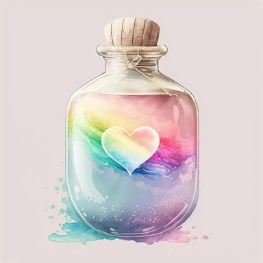 rainbow dream illusion pastel color water white background clear old rustic Heart Bottle classic potion Valentine's Day Clipart vintage watercolorrgb