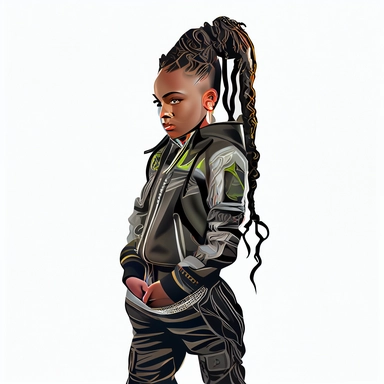 in clipart style Full face portrait centered, full body portrait, with a plain white background of 8k polished award wining photography of neon future branded high fashion and accessories of a stunning black african american little 16 year old kid, wearing a r&b Hip hop sweat suit, with long beautiful braids up in a ponytail with smooth brown skin no blemishes, with beautiful long eyelashes and award winning beautiful hazel colored eyes, wearing gold hoop earings in her ears and a matching gold 