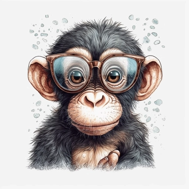 kawaii adorable baby chimpanzee wearing cute glasses, nursery art, clipart image, line art image, white background, inspired by yoshitaka amano art, very detailed, 8k