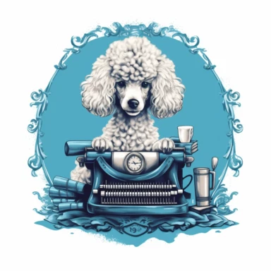 simple clipart of poodle typing on an old typewriter, make the image so it is oval, like an icon type image, with the words nearby snipoodle in big letters