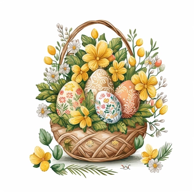 https:funny drawn sketch easter eggs with romanian traditional pattern in a a basket with flowers on white background, artistic painting, easter spring scene, add some spring leaves, add some flowers, add some rabbits and butterflies, yellow shades, watercolor, clipart, 2d, sketch style, no text, no logo