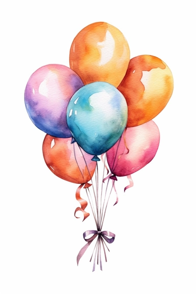 6 different watercolor balloon bundles tied with ribbons, clipart, hd, isolated, spaced out, on white background,