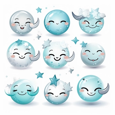 beautiful smiling moon symbols in white, pale blue and silver, white background, vector-style, clipart collection
