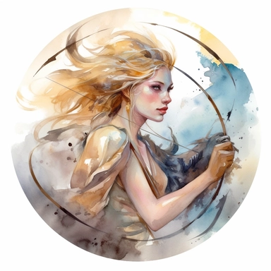 zodiac sign sagittarius as a girl, clip art, fantasy, watercolor, serge marshennikov, corcle frame , arrow