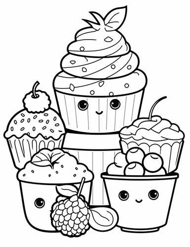 Kawaii Cake Icecream with delightful designs and flavors, like blueberry, chocolate chip, and banana For Simple Coloring page,line art, thick lines, black and white,clipart, illustration, on white background,margin Page 10px