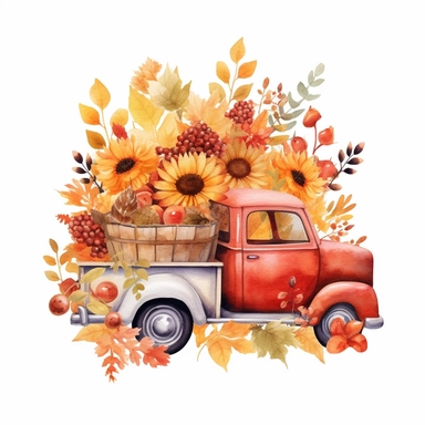 red Harvest Truck ,Watercolor autumn elements, flower , leave fall , Watercolor many animals woodland Clipart, Autumn Clipart , watercolor illustration, white background for removing background