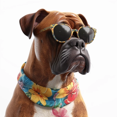A hyper-realistic Boxer dog wearing a stylish Hawaiian shirt and cool sunglasses, depicted on a white background in a clip art style. Cinematic, hyper-detailed and insanely detailed, the image is beautifully colored with the help of the Unreal Engine. The depth of field (DOF) effect enhances the visual impact, while the super resolution and high megapixel count ensure exceptional image quality. Lighting is rendered with cinematic precision, incorporating anti-aliasing techniques like FXAA, TXAA 