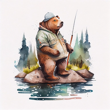 funny big sish going to lake camping fishing big bear, CLIPART, watercolor, ink, ultra-detailed, cartoon style, white background, black outside lines –testp,