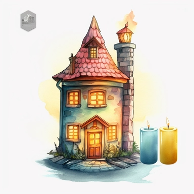 a Candle House watercolor Clipart sublimation clipart graphic, full body, clipart, sticker, a single picture, cartoon style, highly detailed, 8k, one image in the frame--no text in the picture--