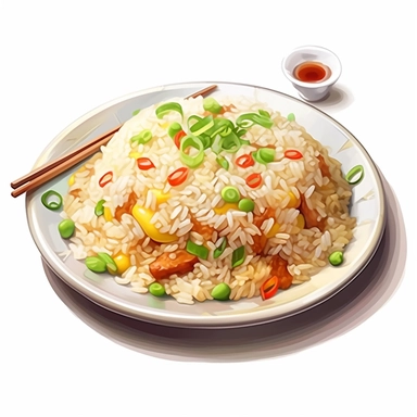 plate of fried rice in the style of digital airbrushing, realistic yet stylized, digitally enhanced, clipart, 32k uhd, clipart, white background