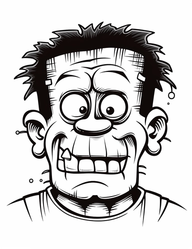 clipart cartoon friendly Frankenstein, smile in the style of Pierre-Auguste Renior black and white child's coloring book, black and white smooth thick lines, solid white background, no background
