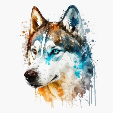 the Siberian Husky is painted beautifully with watercolor splashes, in the style of light azure and dark amber, uhd image, avacadopunk, ferrania p30, elegant, emotive faces, high resolution, symmetrical, white background, no overflow, clipart