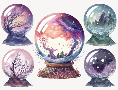 magical crystal ball, clipart, water color, deep colours, white background, border, watercolour illustration style, dreamy, 8k, intricate, illustration, detailed, png,
